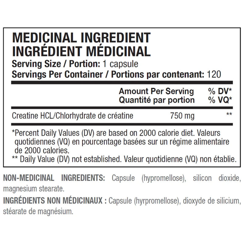 ANS Performance Supplements Creatine HCL 120 caps Nutrition Fact Label