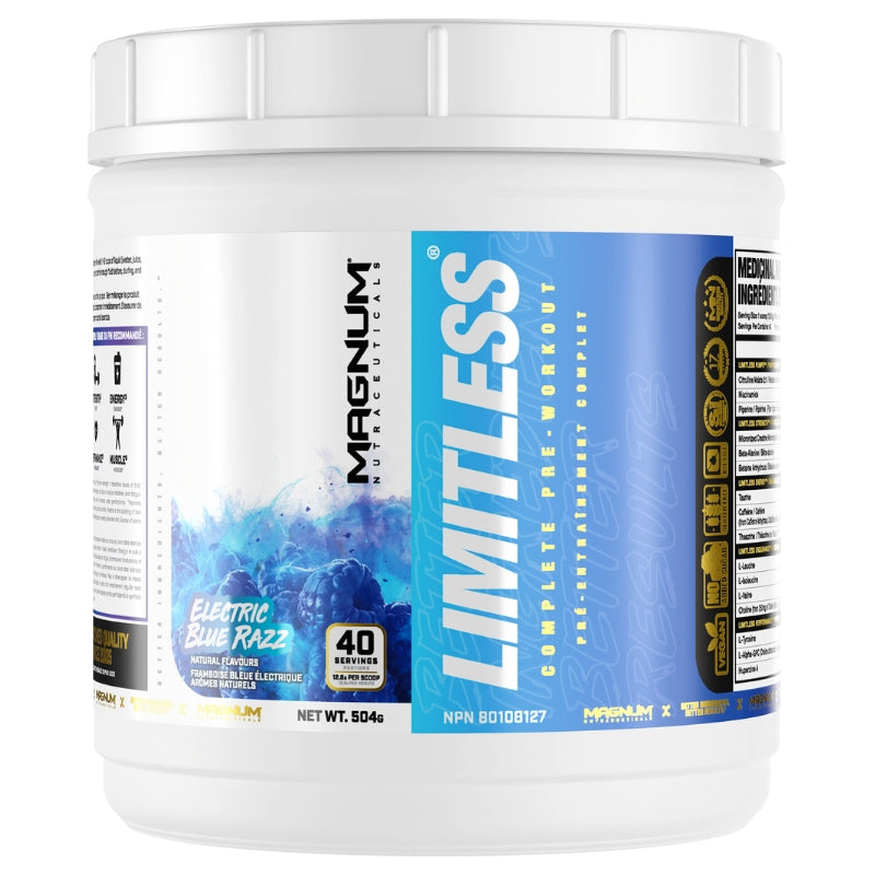 Magnum Supplements Limitless Pre Workout 40 servings Front Label Electric Blue Razz