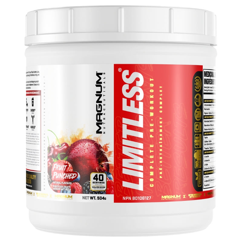 Magnum Supplements Limitless Pre Workout 40 servings Front Label Fruit Punched