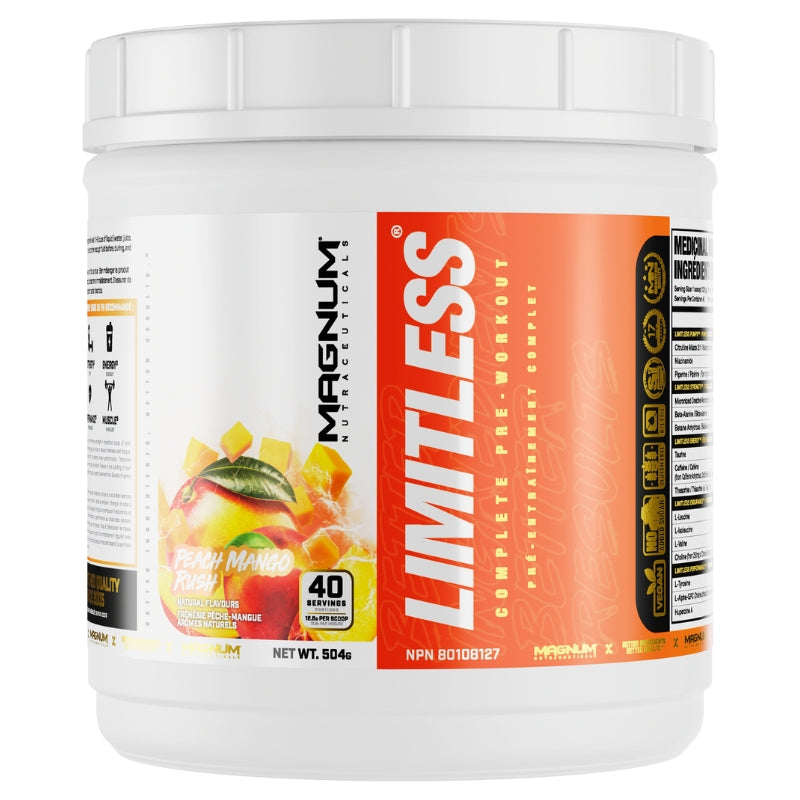 Magnum Supplements Limitless Pre Workout 40 servings Front Label Peach Mango Rush