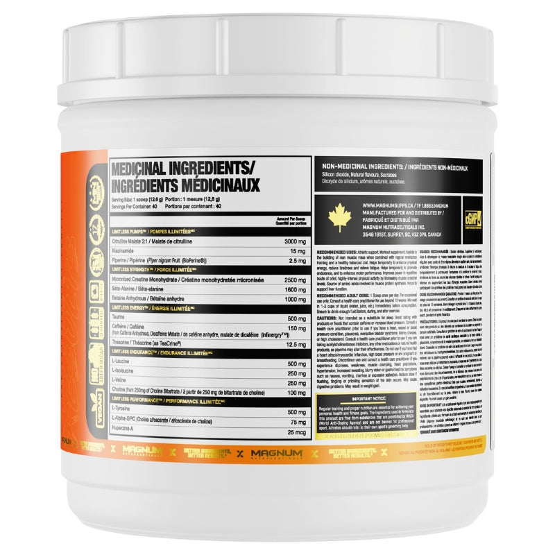 Magnum Supplements Limitless Pre Workout 40 servings Nutrition Facts Label Peach Mango Rush