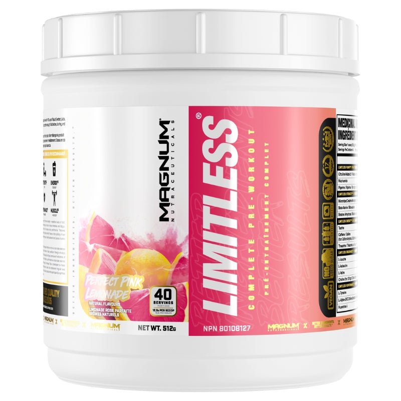 Magnum Supplements Limitless Pre Workout 40 servings Front Label Perfect Pink Lemonade