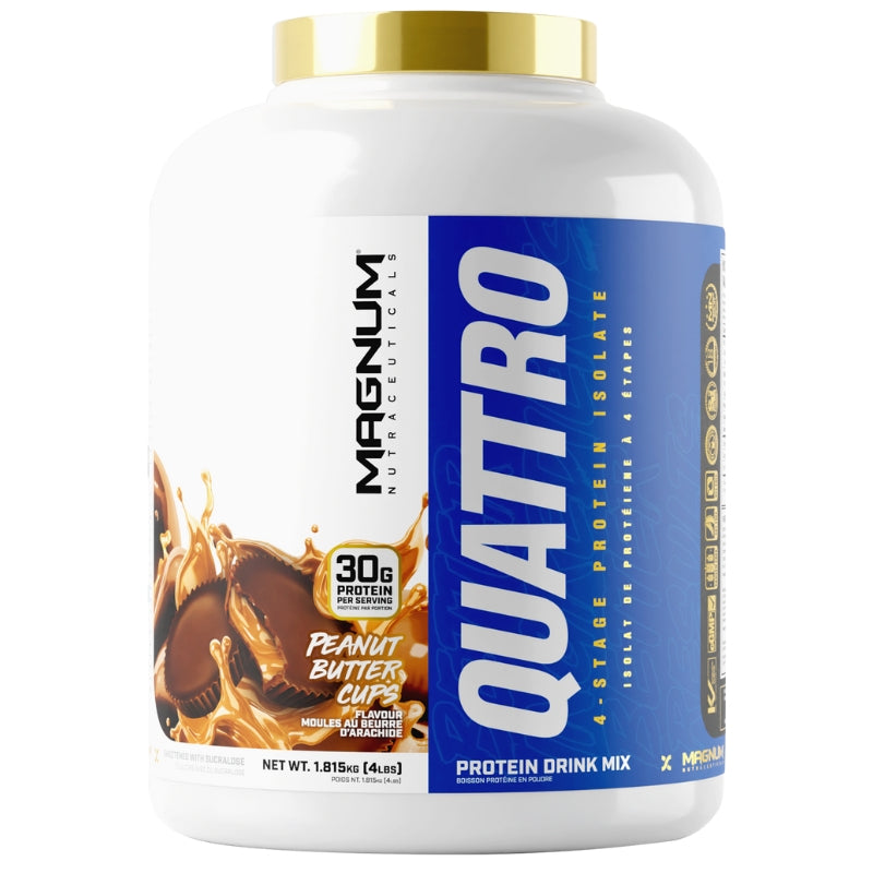 Magnum Supplements Quattro 4lbs Time Released Isolate Protein Front Label Peanut Butter Cups