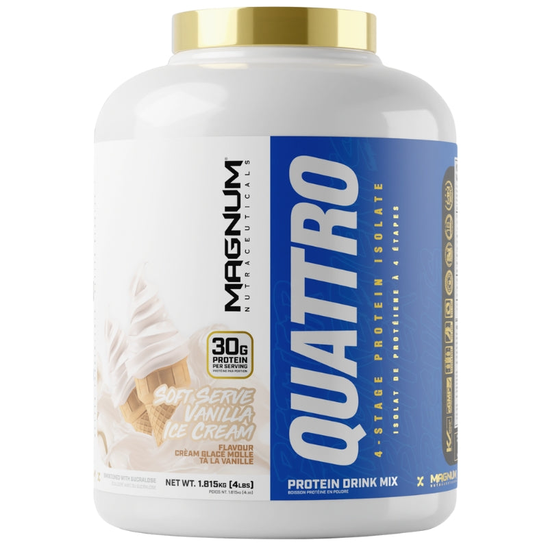 Magnum Supplements Quattro 4lbs Time Released Isolate Protein Front Label Vanilla Ice Cream